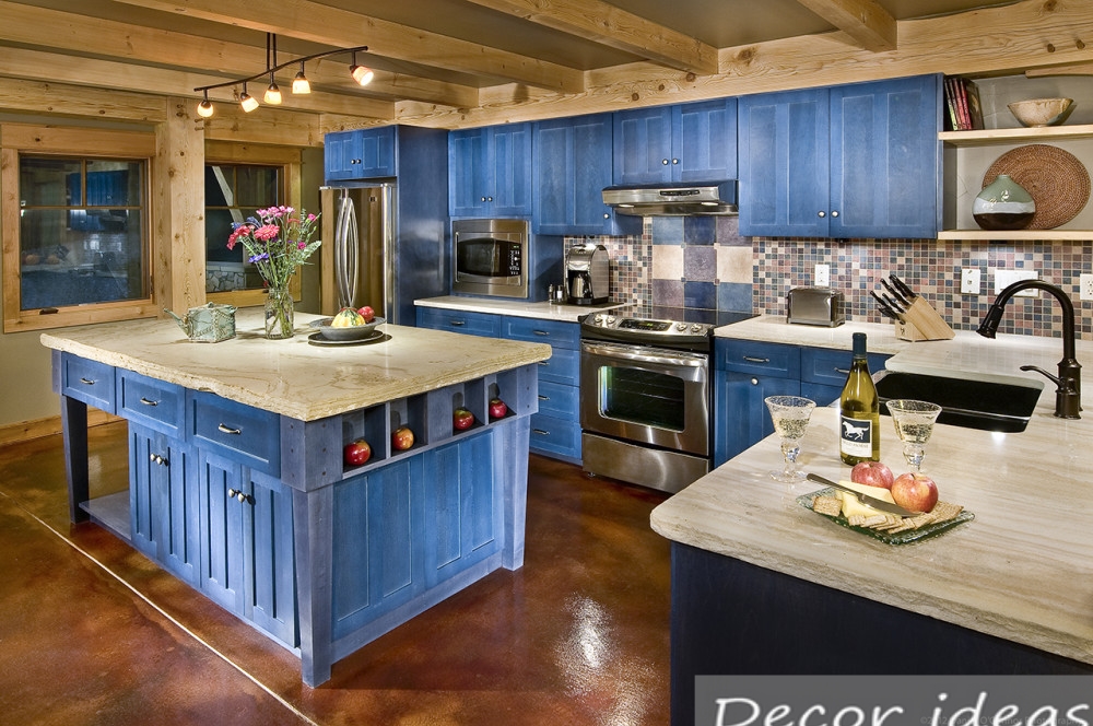 blue wood kitchen refrigerator