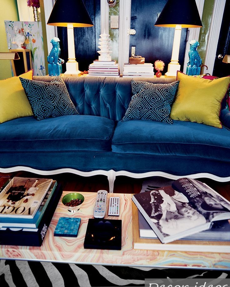 Beautiful sofa covered with blue velvet