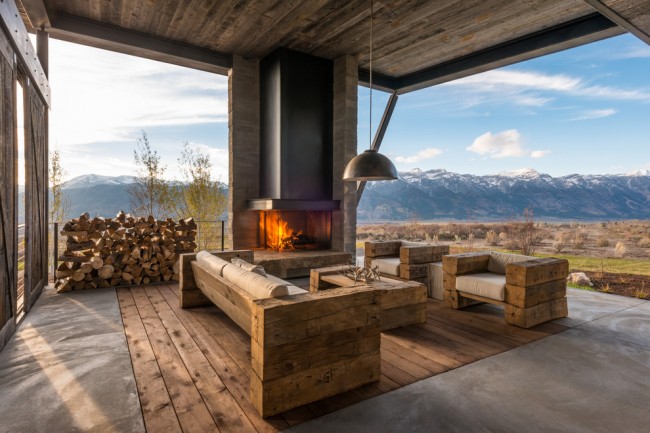 fireplace wood mountain glass terrace