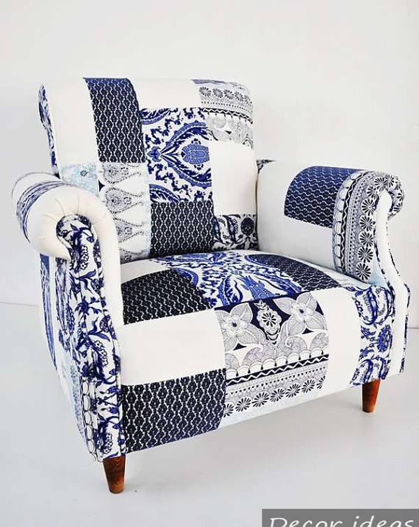 White armchair in black and blue patterns