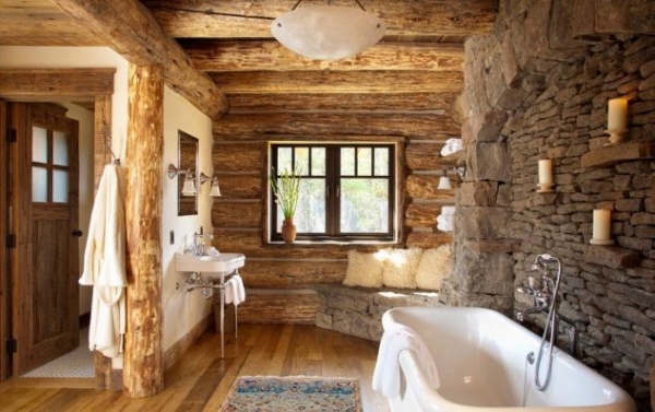 деревяні балки та каміння у ванній кімнаті