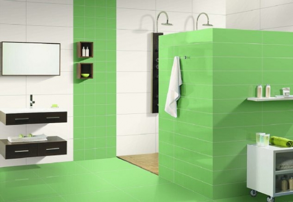 проекат ванної кімнати з поєднанням білого та зеленого кафелю