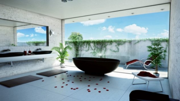 за ванною фотообої з видом на балкон та небо, підсвітка за ванною