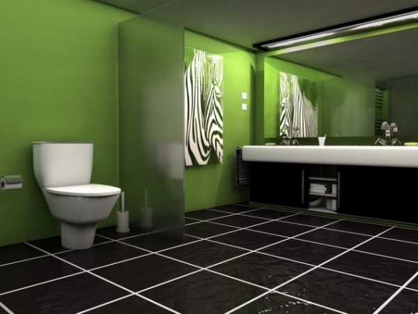 темна стеля та підлога у поєднання з суцілною зеленою стіною у проекті ванної кімнати