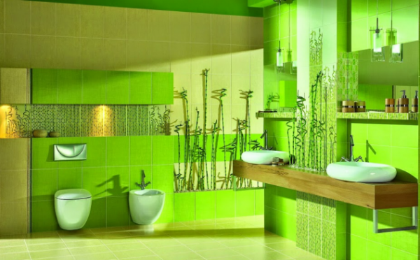 ванна кімната світло-зеленого кольору з елементами рослинності