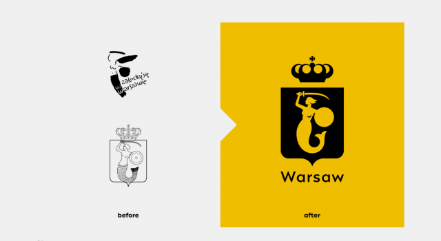 The old logo and coat of arms and the new logo of Warsaw