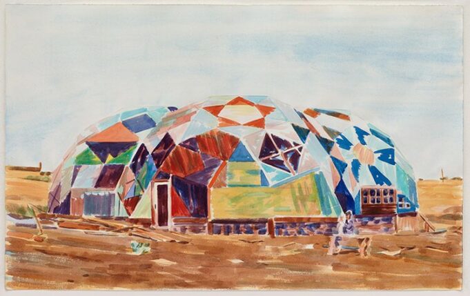 A painting of Drop City in Trinidad, Colorado. Image © Mark Harris