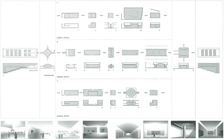 Illustration of daylight openings in ground plan, section and perspectives for the Fondation d’Art Contemporain François Pinault, Paris (France)/2001. Image © a+u (Ando 2002)