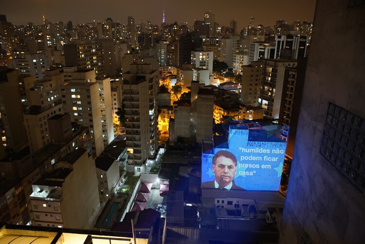 Guerrilha projections against Bolsonaro 2021, Brazil, Sao Paulo © Alexis Anastasiou. Image Courtesy of MAB 23